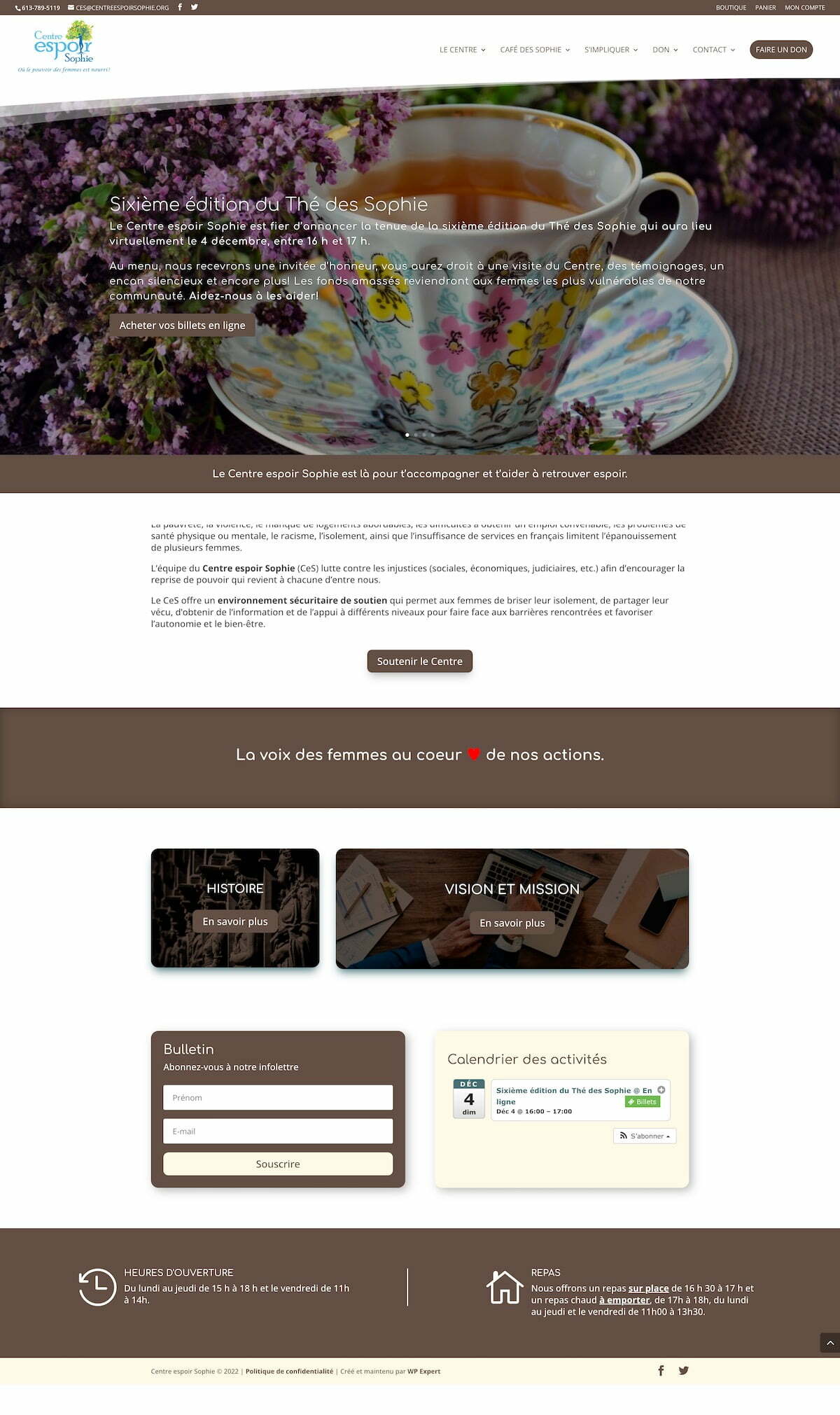Screen capture of the landing page of the Centre Espoir Sophie website