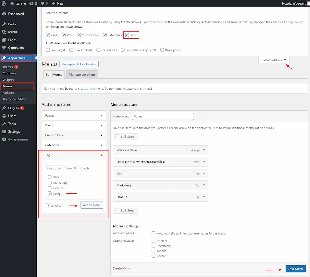 Adding tags into menus