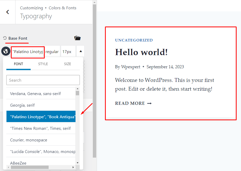 Base font dropdown