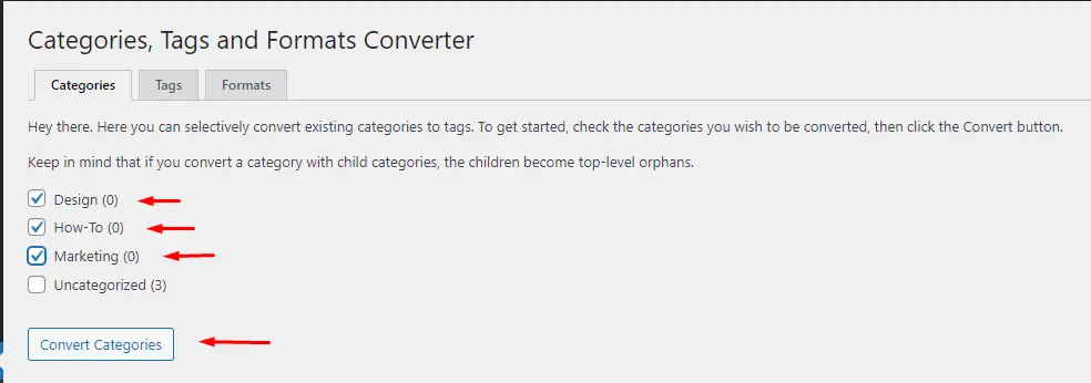 Converting categories to tags