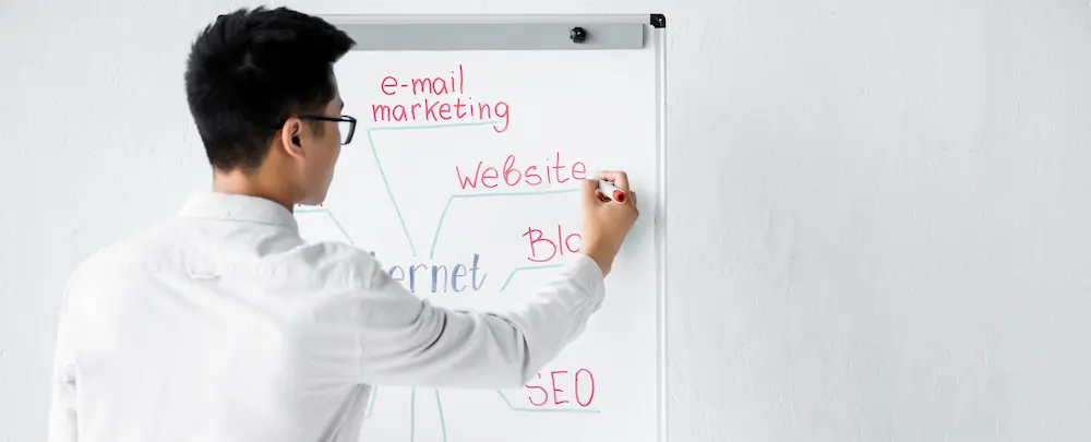 Panoramic shot of seo manager writing on flipchart