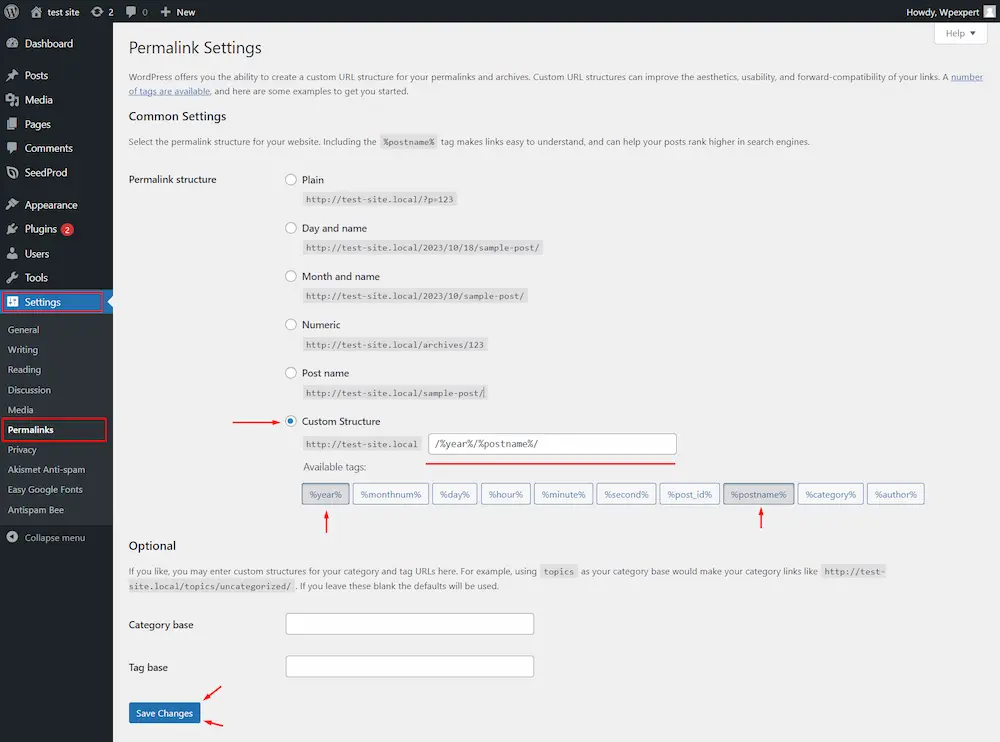 Permalinks settings 2